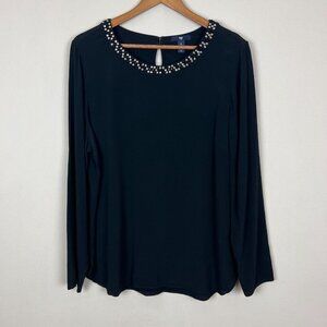 Gap Blouse Top Womens‎ Large Black Embellished Neck Long Sleeve Rhinestones L